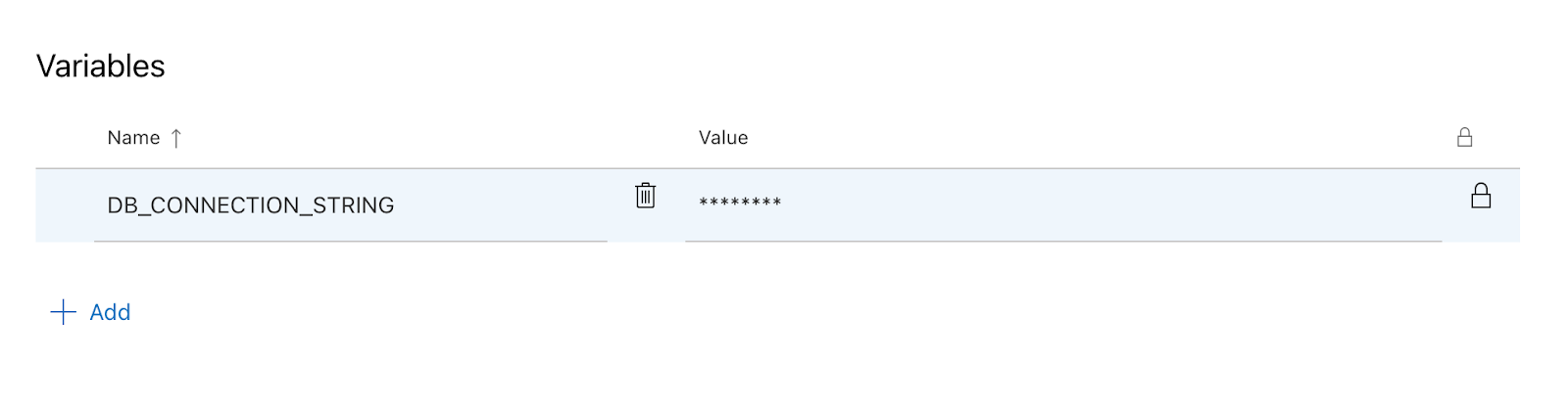 Interface Azure DevOps montrant les champs permettant de saisir un nom de variable (par exemple, DB_CONNECTION_STRING), de la marquer comme secrète et de définir sa valeur (par exemple, chaîne de connexion à la base de données).
