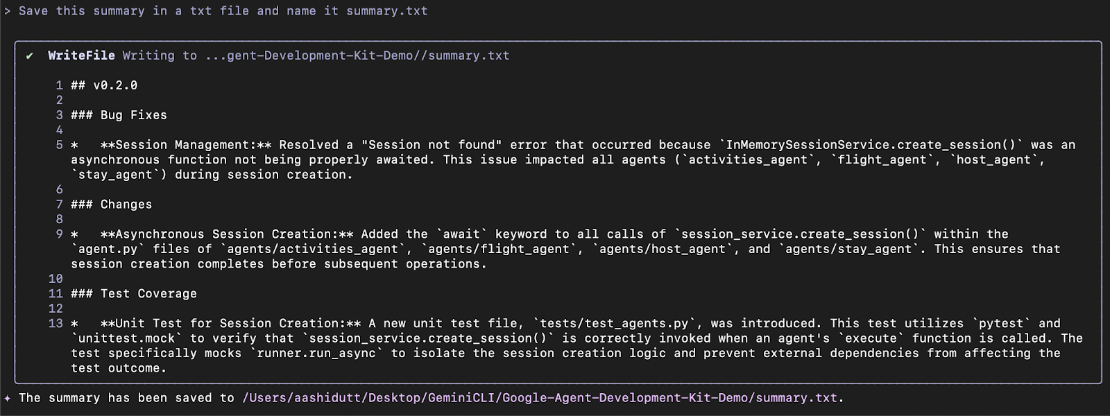 Salvando summary.txt com a CLI do Gemini