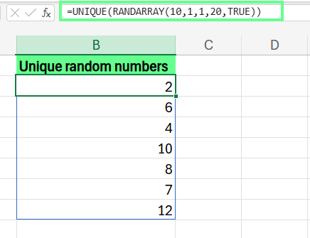 Generieren von Zufallszahlen mit UNIQUE und RANDARRAY in Excel.