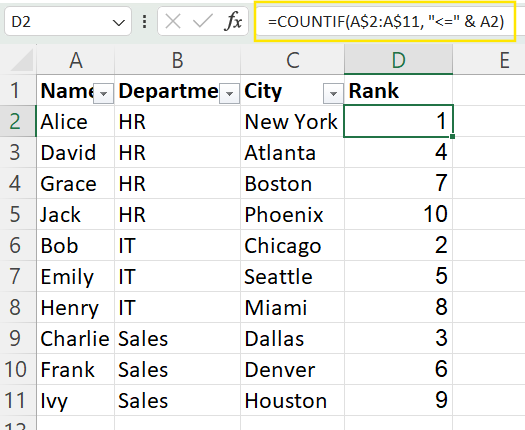 Verwende eine Hilfsspalte mit COUNTIF(), um Daten in Excel alphabetisch zu sortieren.