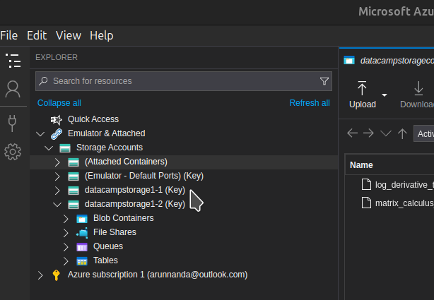 Sidebar after connecting to a Storage account using access keys