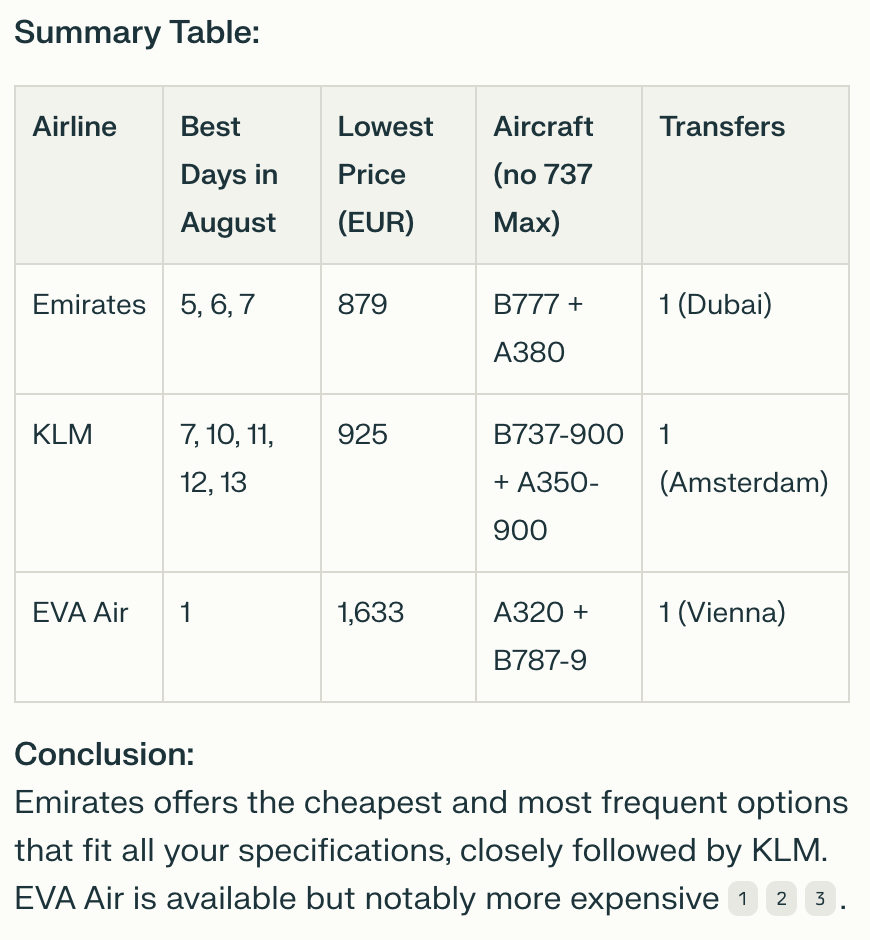 Tabla resumen de las opciones de vuelo desde Lisboa a Taiwán en agosto, comparando Emirates, KLM y EVA Air por aerolínea, mejores días para volar, precio más bajo en EUR, tipo de avión y número de transbordos. Emirates ofrece la opción más barata con un transbordo en Dubái.