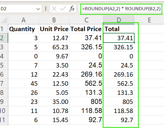 ROUNDUP in Excel vor der Multiplikation zweier Spalten