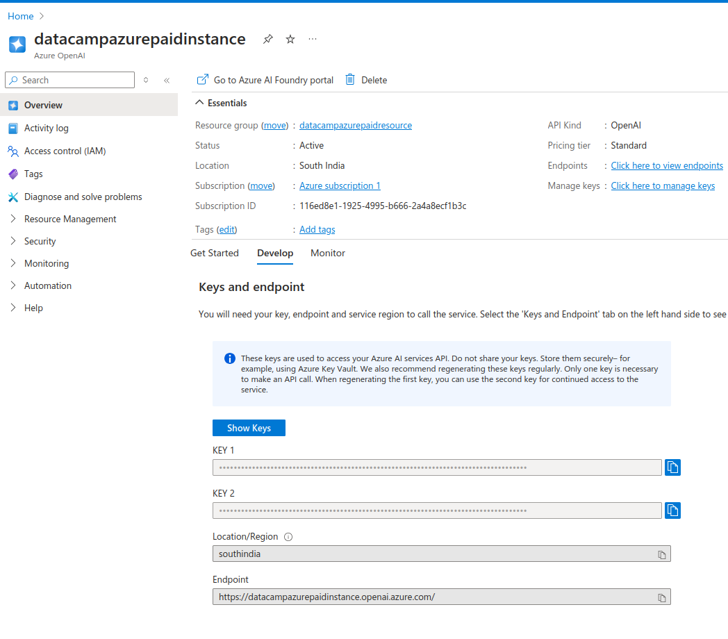 Clés API de l'instance Azure OpenAI