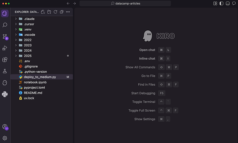 Écran de configuration de Kiro IDE affichant le processus d'installation et les options d'importation des paramètres VS Code