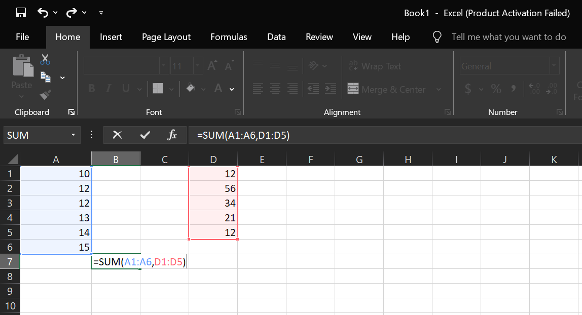 Sum multiple ranges using SUM() in Excel