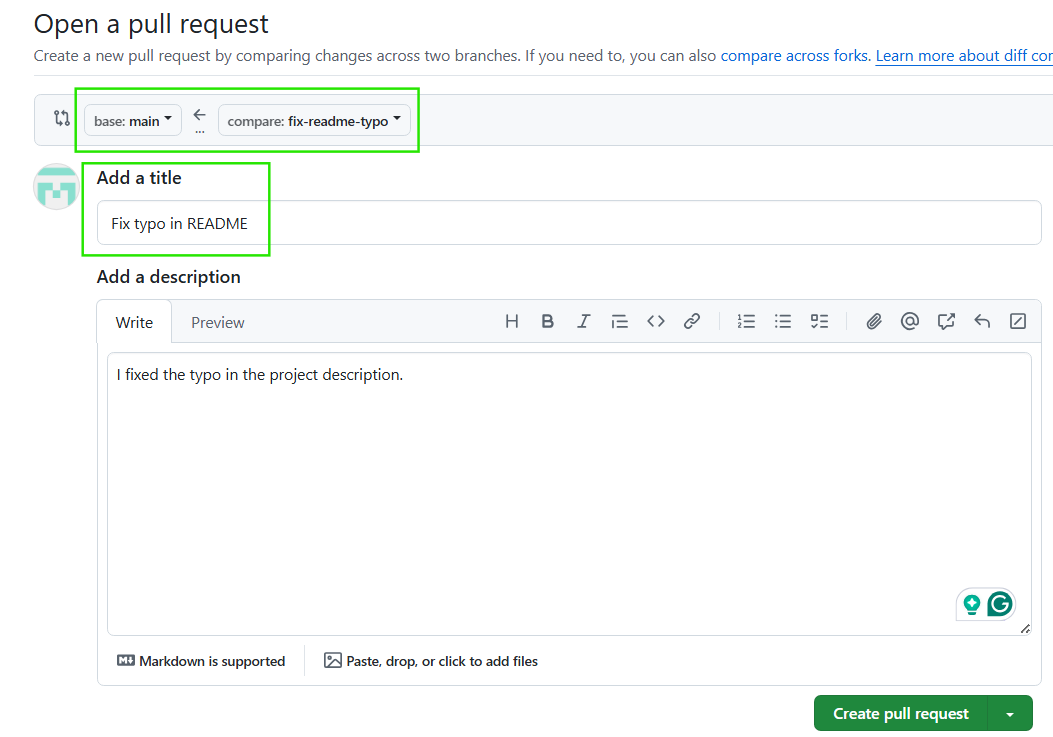 Comparar solicitação pull com o branch de recurso.
