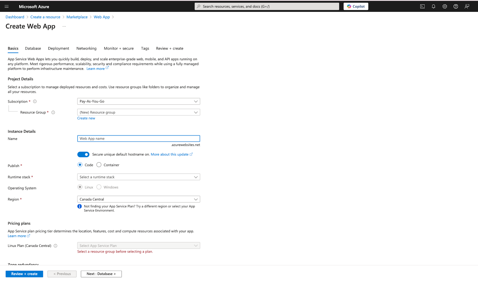 Criando um aplicativo Web do Serviço de Aplicativo no portal do Azure.