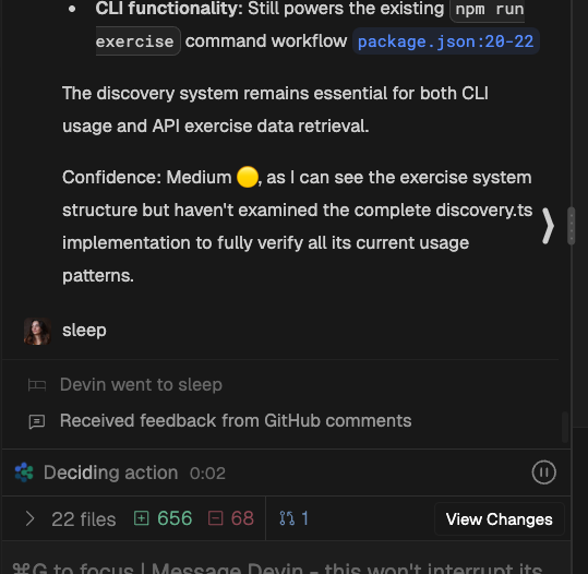 devin trabajando en un pull request de github