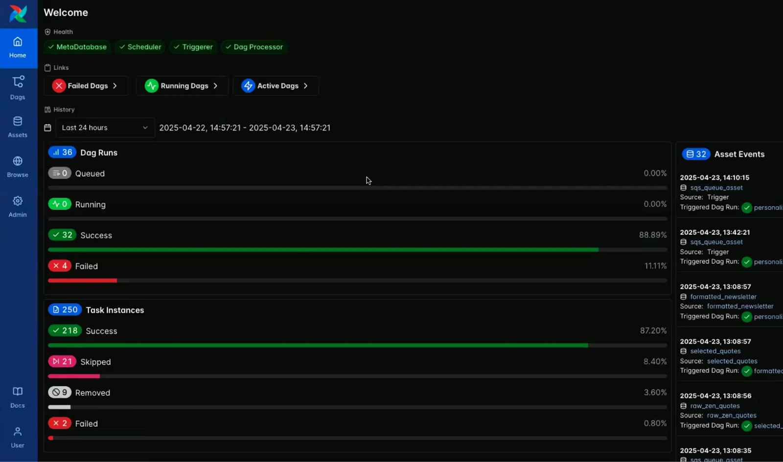 Captura de pantalla de la consola Airflow en modo oscuro.