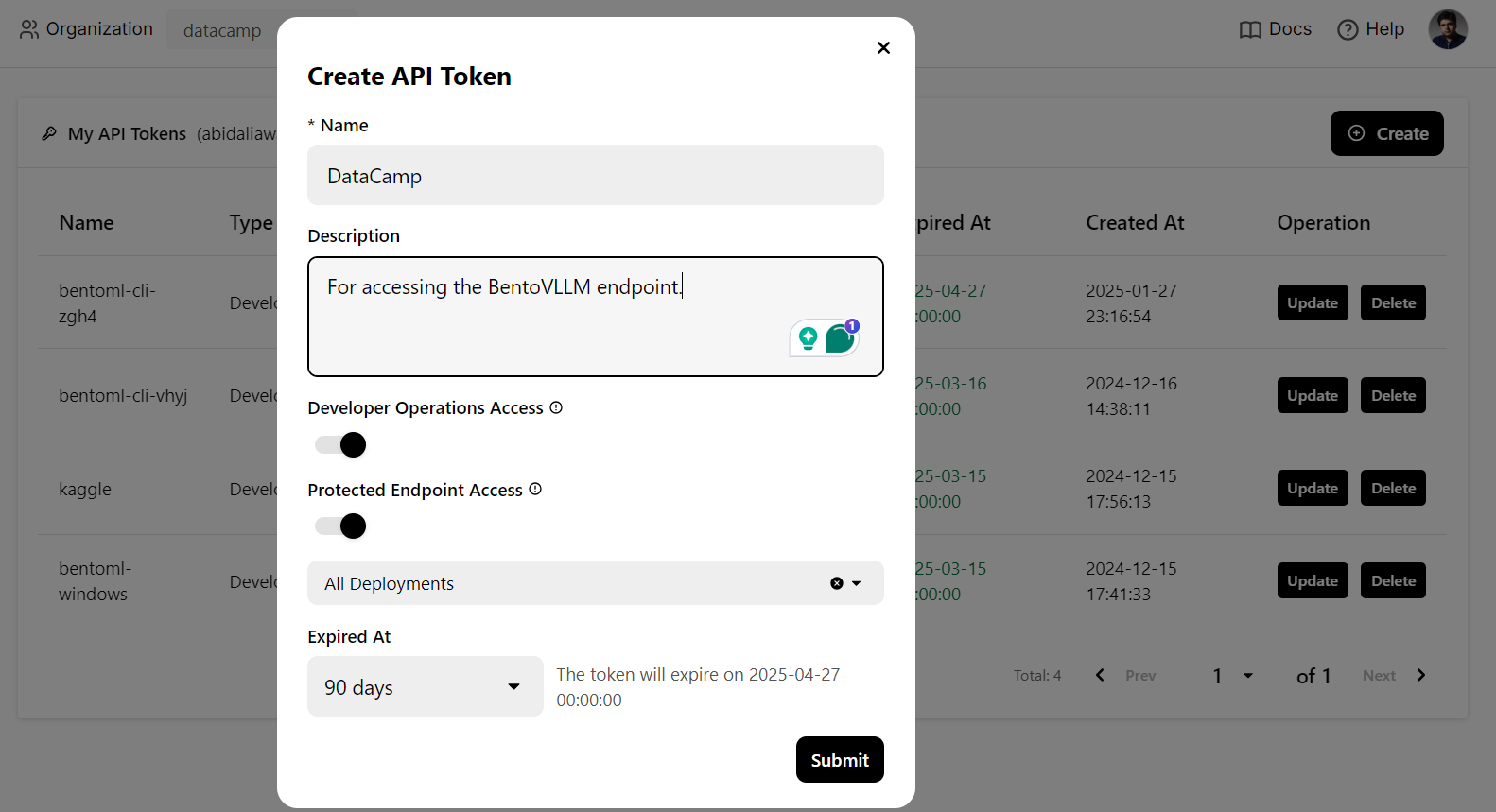 BentoCloud Dashboards, die den API-Schlüssel generieren.