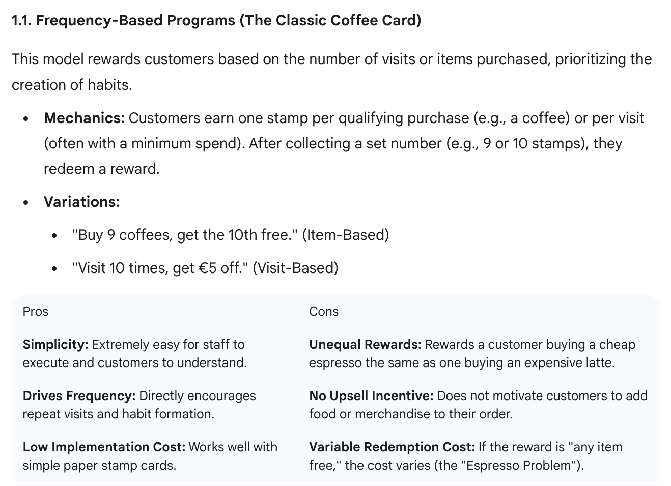 Description of a frequency-based loyalty program for coffee shops, highlighting mechanics, variations, pros, and cons.