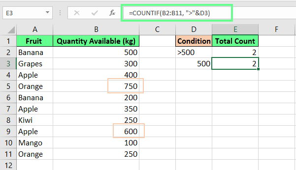 Contar células usando referência de célula na função CONT.SE() no Excel.