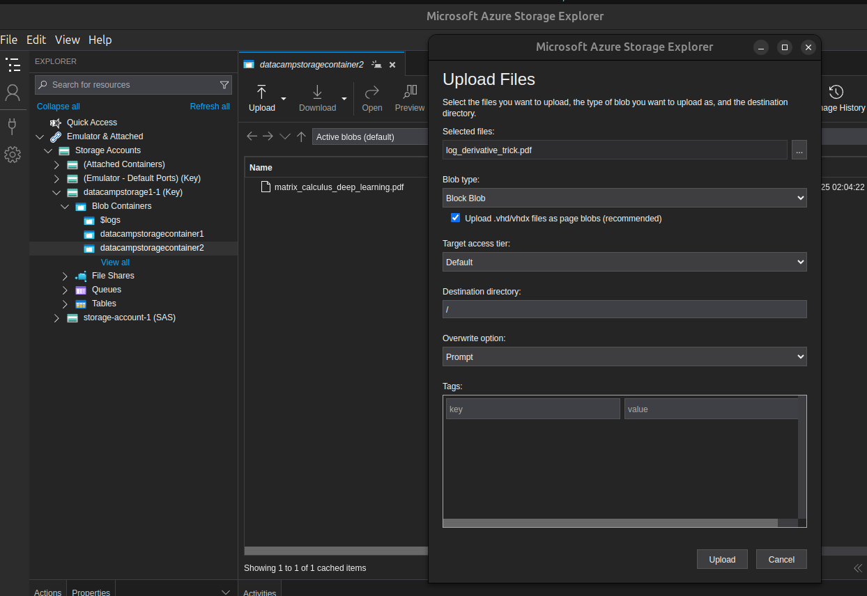 Upload files on Azure Storage Explorer