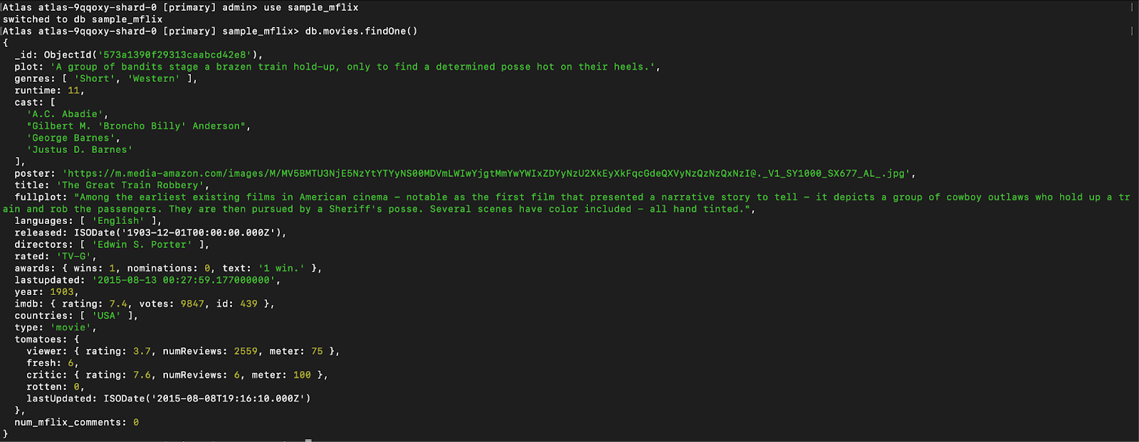 This query uses findOne() to retrieve a single sample document from the movies collection in the sample_mflix database. The result shows various fields, including title, year, genres, and nested objects like imdb and tomatoes.viewer.