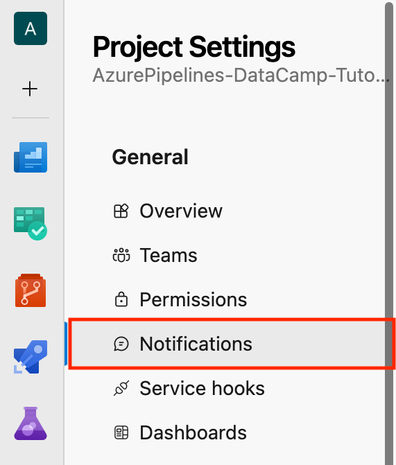 Interface Azure DevOps montrant l'option Notifications pour configurer les alertes de pipeline.