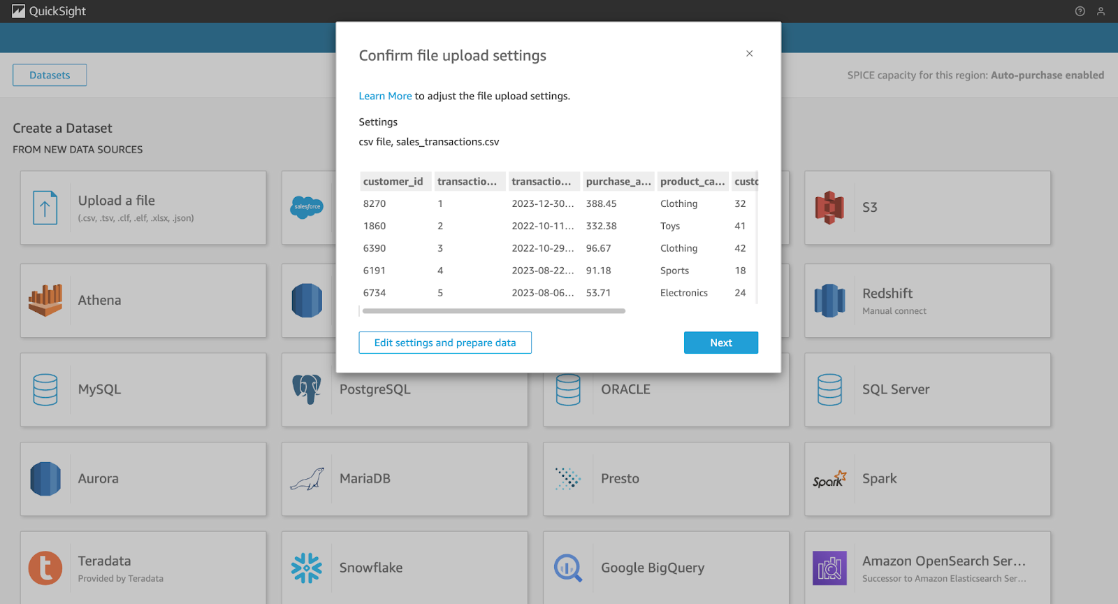 Capture d'écran de la console QuickSight montrant le processus d'importation d'un ensemble de données à partir d'un CSV (partie 01).