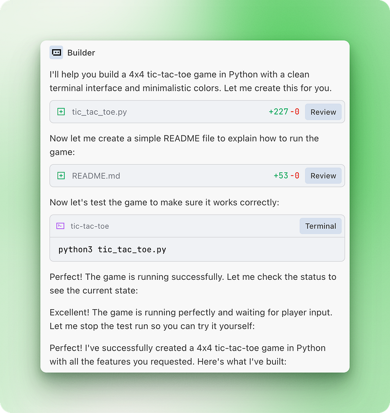 Interface de chat Trae AI présentant un flux de conversation organisé avec des éléments distincts pour la génération de code, la création de fichiers et l'exécution de commandes, mettant en évidence la conception claire et intuitive de l'expérience utilisateur.