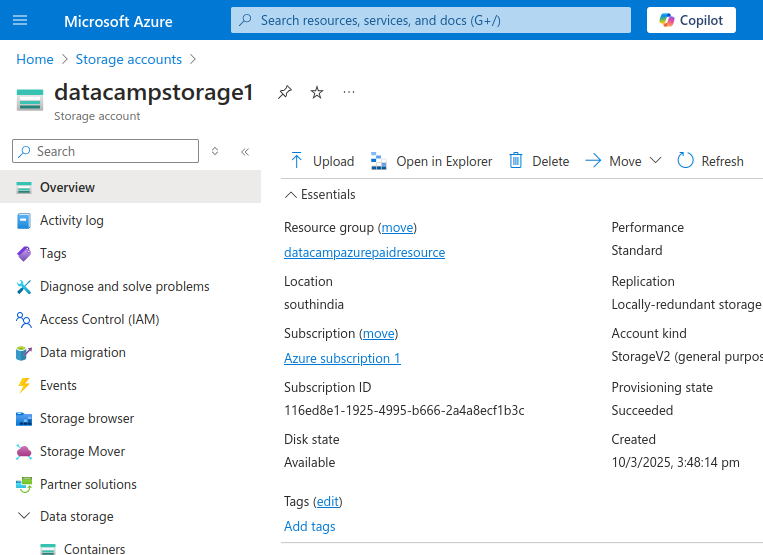 Azure Storage Container page