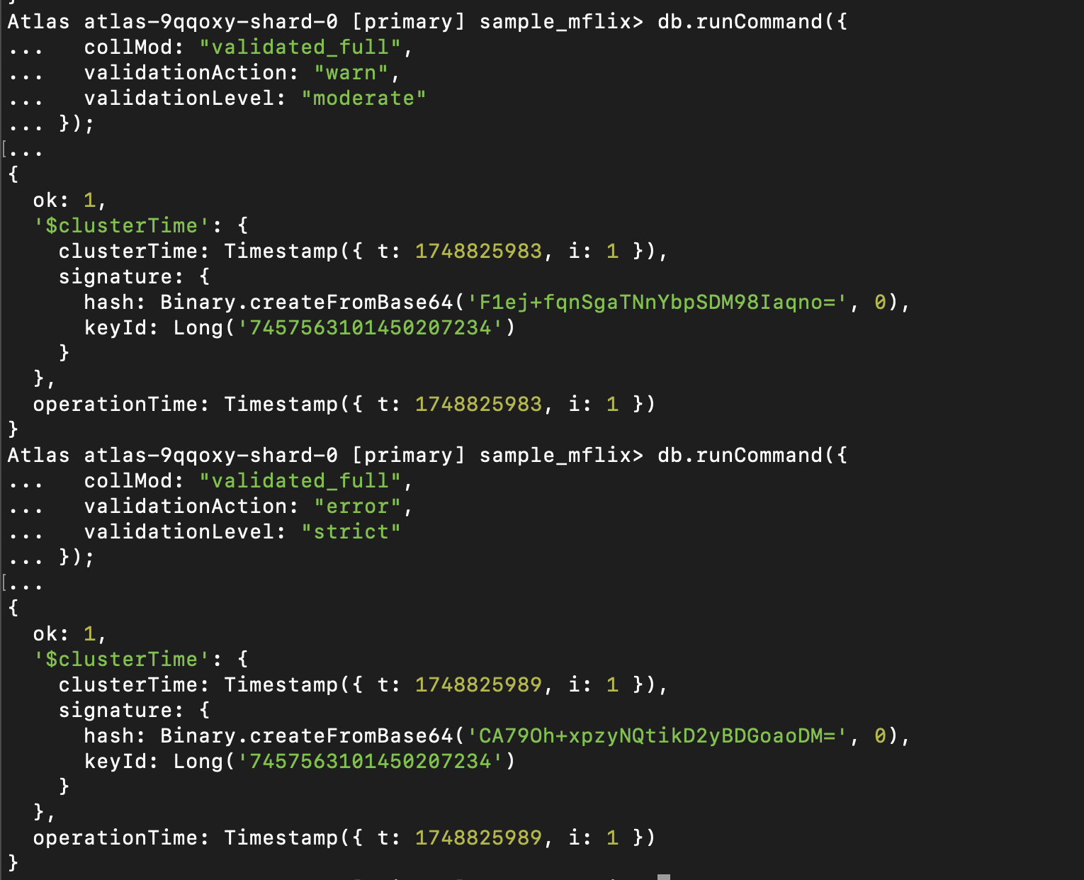 Two collMod commands are used to modify the validation behavior of the validated_full collection. The first sets the validationAction to "warn" and validationLevel to "moderate," allowing invalid documents to be inserted while logging internal warnings. The second command switches to strict enforcement by setting validationAction to "error" and validationLevel to "strict," ensuring that all inserts and updates must fully comply with the defined schema.