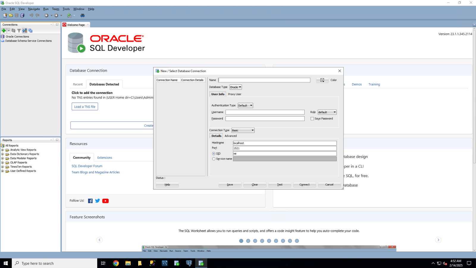 Interfaz de Oracle SQL Developer que muestra una ventana de configuración de la conexión con los campos de tipo de base de datos, nombre de host, puerto y credenciales.