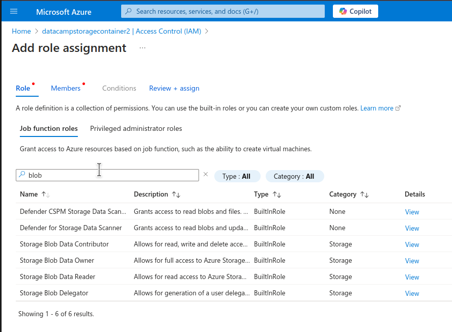 Azure Storage add role assignment page