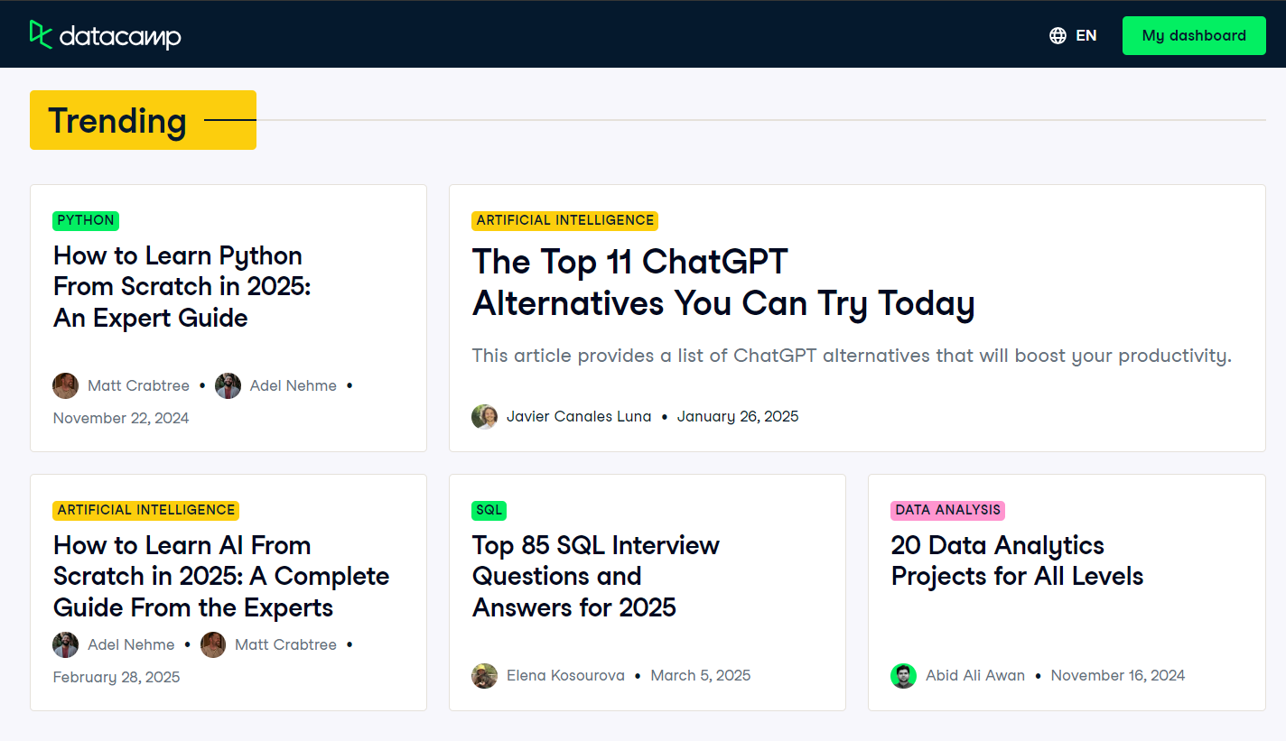 Captura de pantalla de la página de blogs de DataCamp
