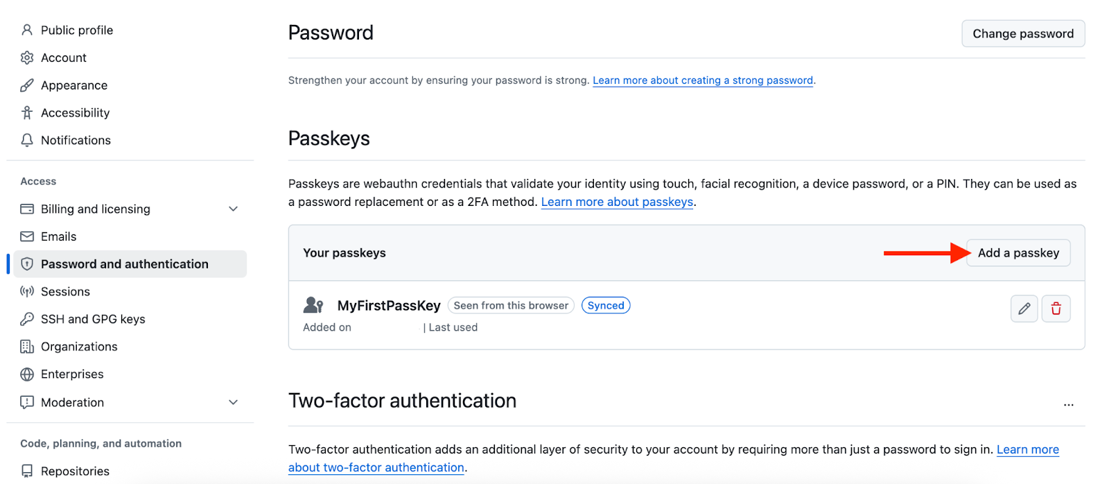 Create a passkey on GitHub