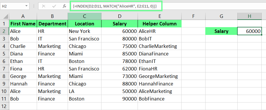 Effectuez une RECHERCHE D'INDEX à l'aide d'une colonne d'aide dans Excel.