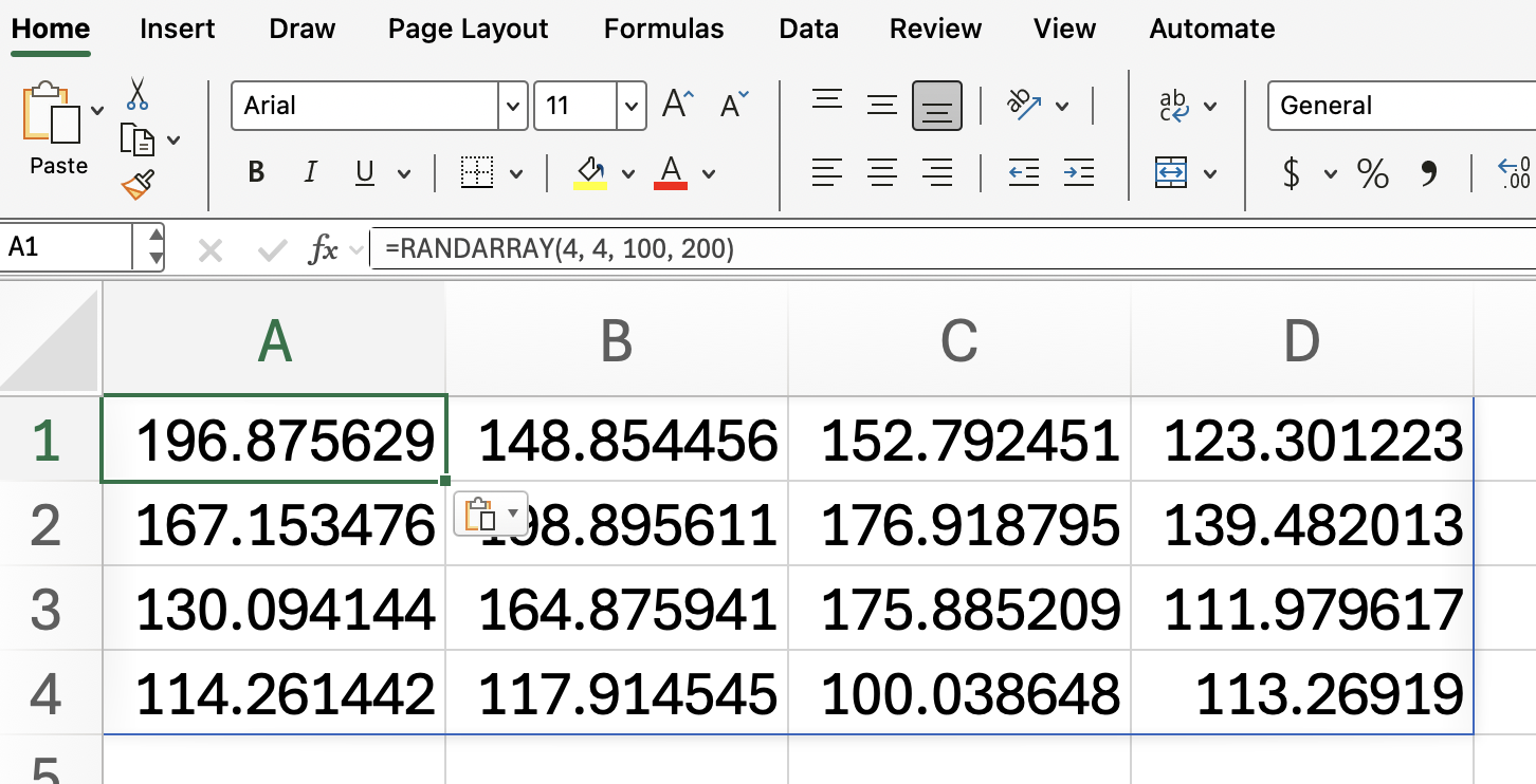 Die Funktion RANDARRAY() in Excel für ein Zahlenraster