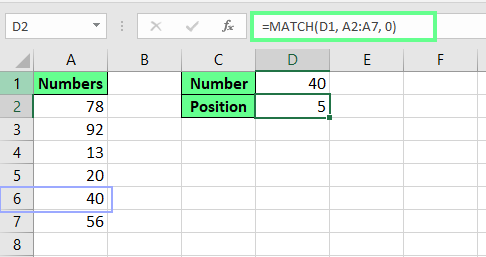 Finding the position of a number using the MATCH function in Excel.