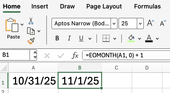 Usando Excel EOMONTH + 1 para encontrar o primeiro dia do mês