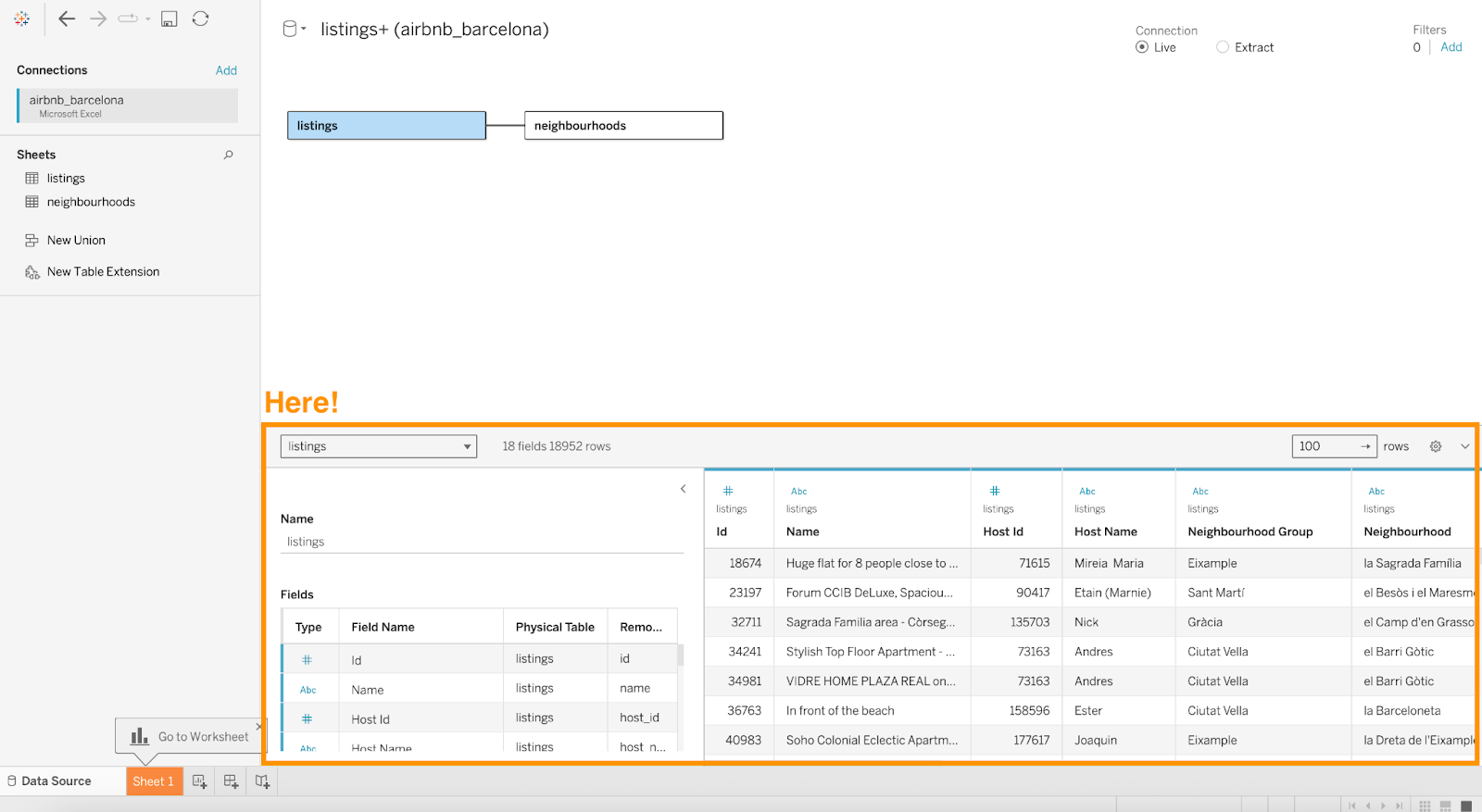 Screenshot der Excel- und Tableau-Schnittstellen mit einer Vorschau der Daten.