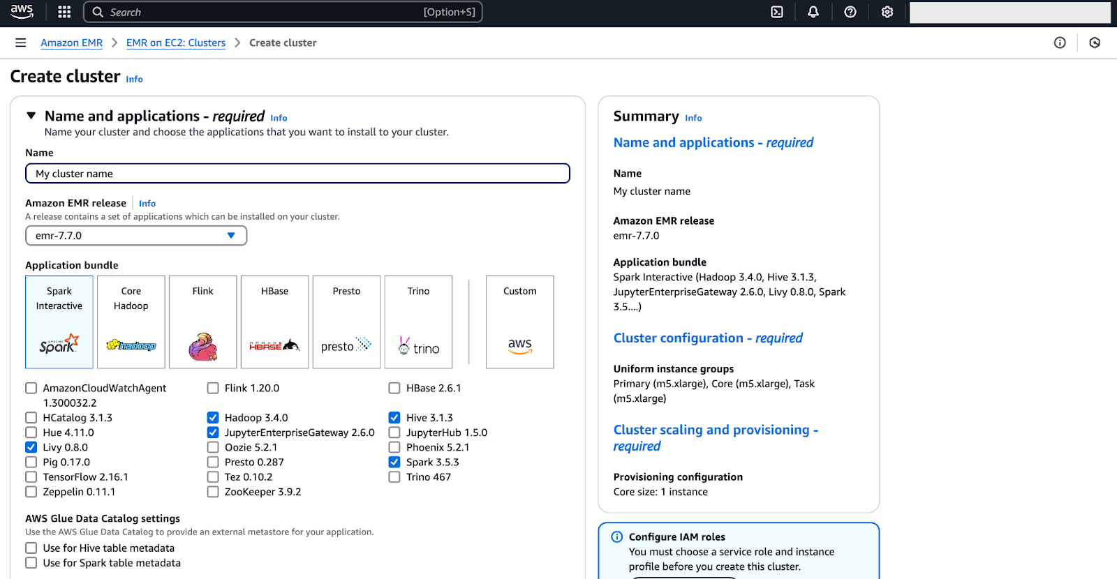 Screenshot of the AWS EMR interface showing different framework options like Apache Spark, Hadoop, and Presto.