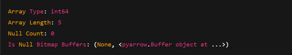 Image showing Arrow Array metadata in the console.