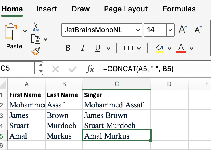 Concatenação do Excel combinando nome e sobrenome