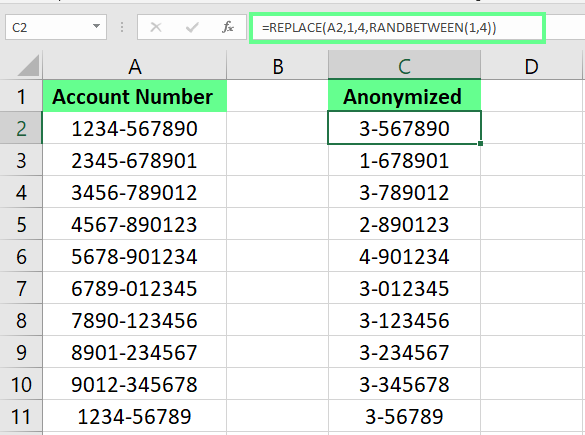 Verstecke/anonymisiere die sensiblen Daten mit den Zufallszahlen mit der RANDBETWEEN-Funktion in Excel.
