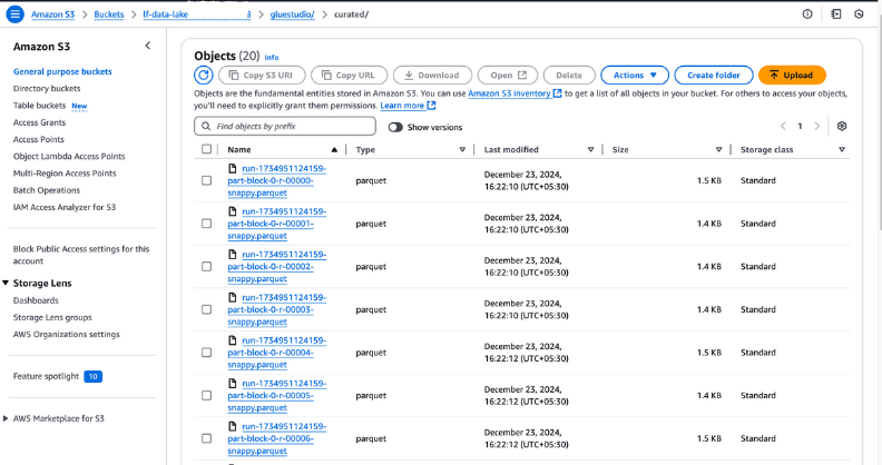 Capture d'écran d'un seau Amazon S3 affichant une liste de fichiers Parquet dans le dossier gluestudio/curated/, y compris les noms de fichiers, les horodatages de dernière modification, les tailles et la classe de stockage.
