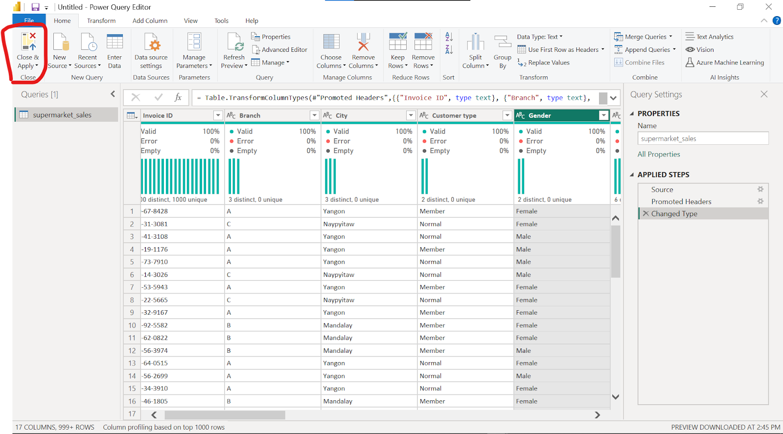 Image showing how to close the Power Query window
