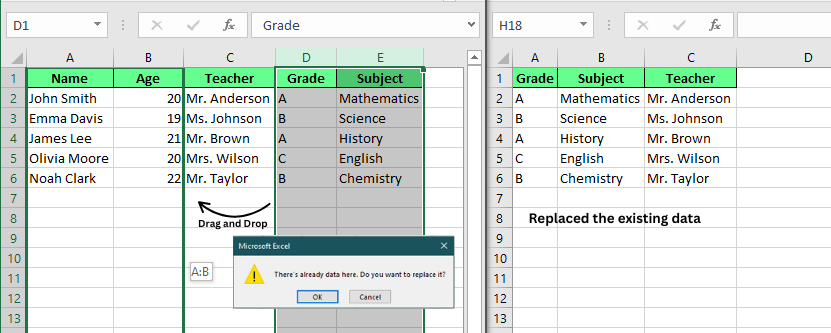 Drag and drop to move multiple columns in Excel.