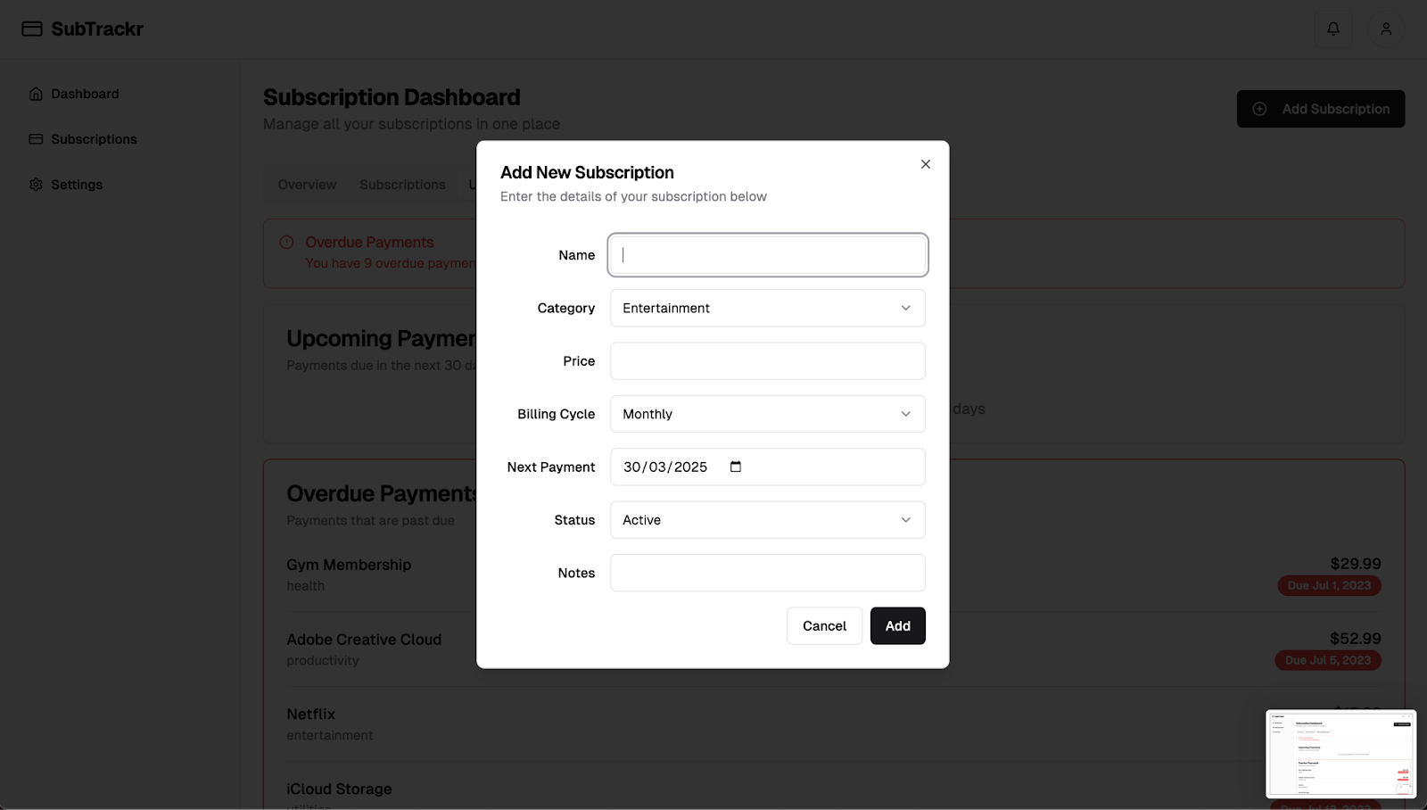 "Add new subscription" functionality through the preview link