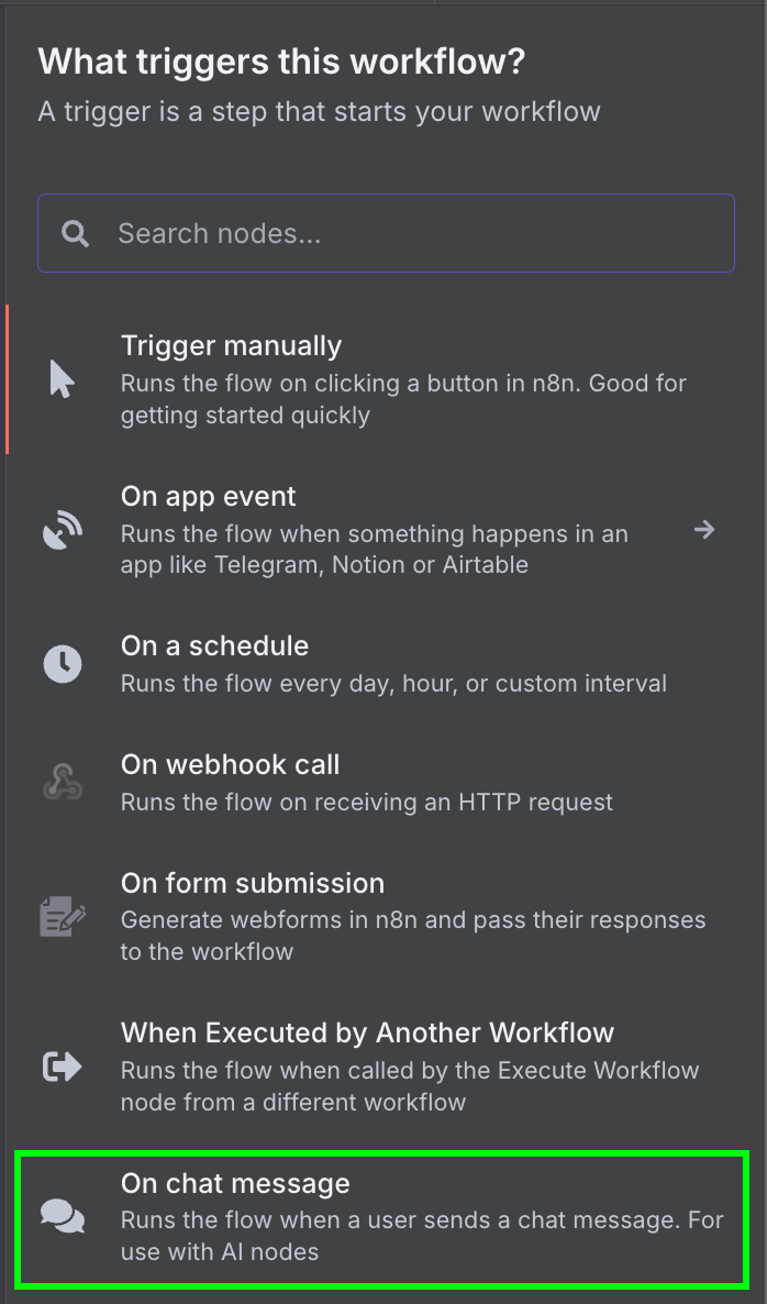 On chat message trigger node in n8n