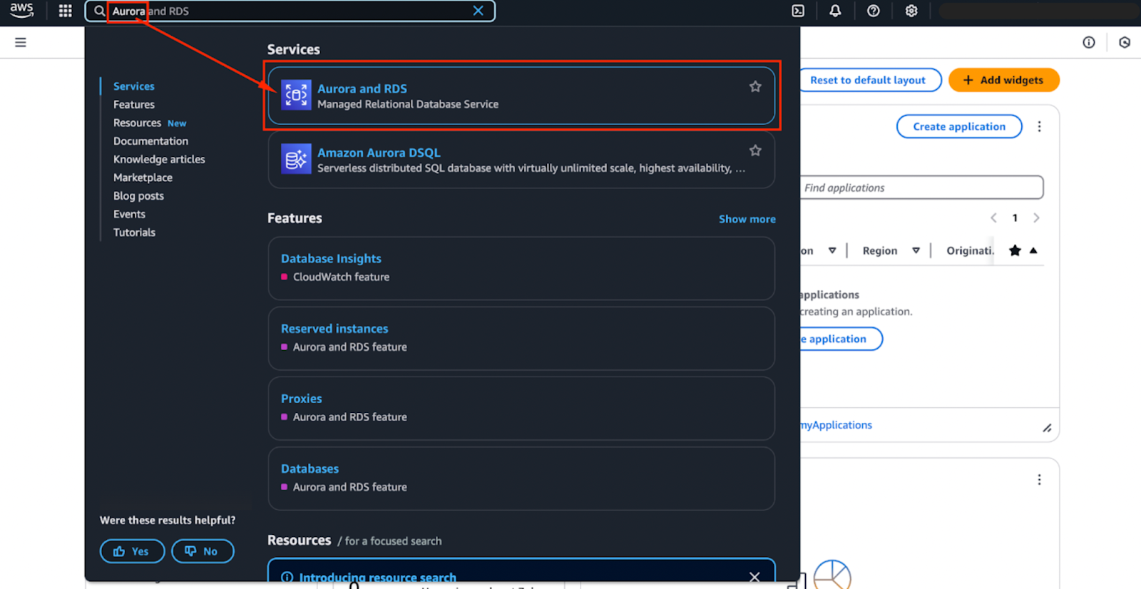 Captura de tela da barra de pesquisa do AWS Management Console mostrando resultados de pesquisa para os serviços do Amazon Aurora.