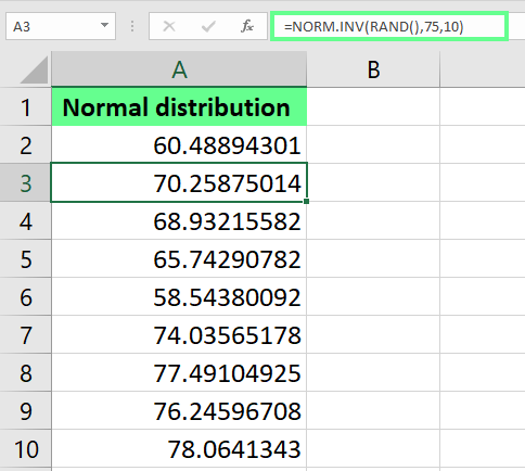 Erzeuge eine Normalverteilung mit der Funktion NORM.INV in Excel.