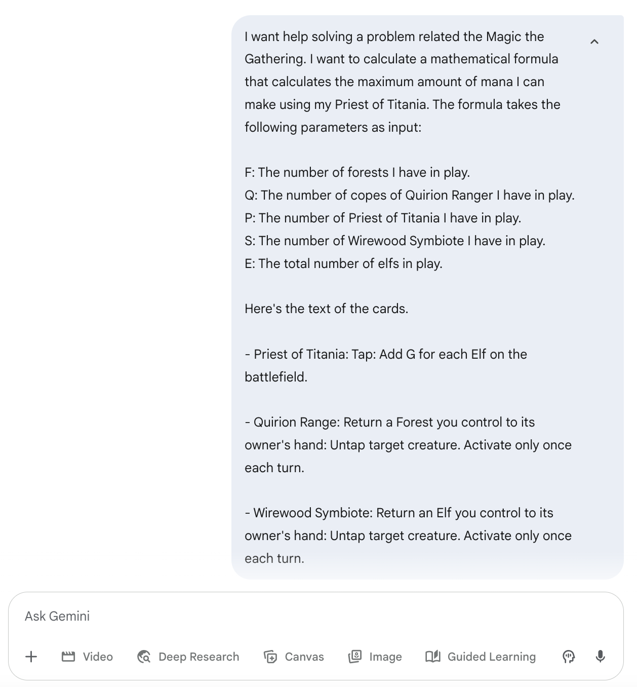 Screenshot of a prompt asking for mathematical help in Magic: The Gathering to calculate maximum mana generation using Priest of Titania, with parameters including forests, Quirion Ranger, Priest of Titania, Wirewood Symbiote, and elves.