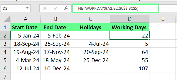 Find the working days left for the project using NETWORKDAYS() functions in Excel