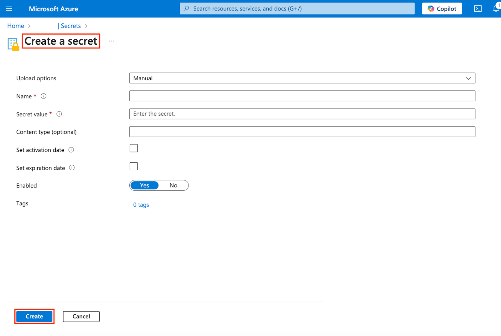 After creating a new Key Vault:

Add your secrets, such as API keys and passwords.

This step helps keep your sensitive data secure and organized within Azure DevOps.