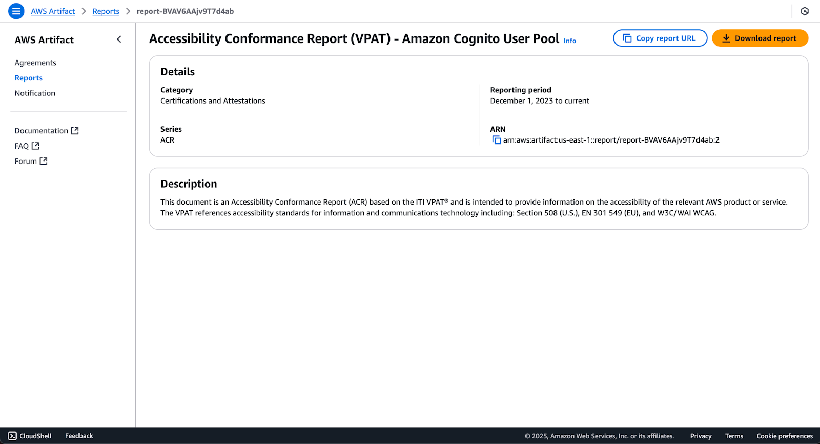 Página de relatório específico do artefato AWS