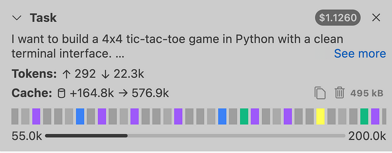 Cline's context window usage indicator showing token consumption and remaining capacity for AI coding assistance