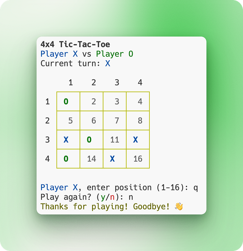 Sortie du terminal affichant une interface colorée de jeu de morpion 4x4 avec des marqueurs X et O, démontrant la capacité de Trae AI à générer des jeux Python fonctionnels avec une disposition en grille et un formatage visuel appropriés.